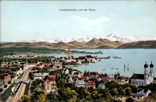 Ak Friedrichshafen am Bodensee, Stadtansicht, Alpen