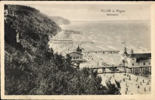 Ak Ostseebad Sellin auf Rügen,  Badestrand, Strandpromenade, Badegäste, Meer