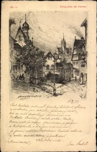 Ak Königstein im Taunus, Zeichnung von  Jahr 1899, Uhr, Häuser, Bäume