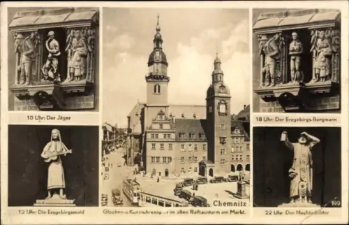 Ak Chemnitz Sachsen, Glocken und Kunstuhrenspiel im alten Rathaus, Figuren, Straßenbahn