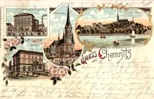 Litho Chemnitz Sachsen, Handelslehranstalt, Reichsbank, Petrikirche, Schlossteich