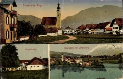 Ak Anger in Oberbayern, Teilansicht, Kirche, Mayerhofen, Höglwörth, Untersberg