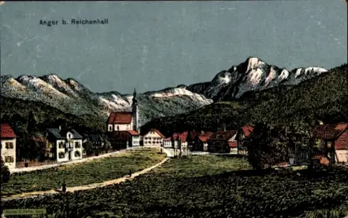 Künstler Ak Anger in Oberbayern, Gesamtansicht, Mondnacht 1910