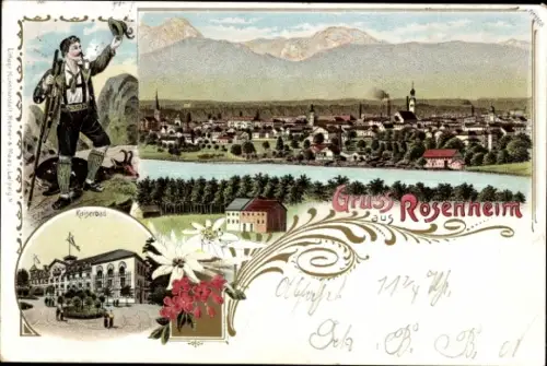 Litho Rosenheim Oberbayern, Panorama, Kaiserbad, Wanderer