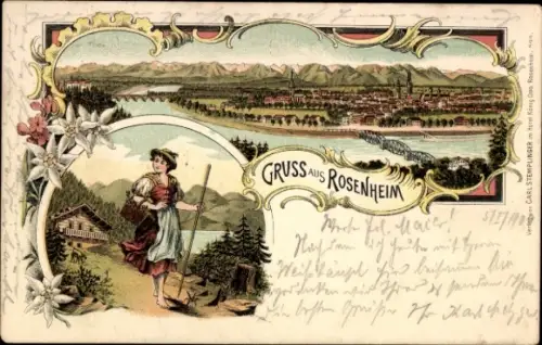 Litho Rosenheim Oberbayern, Gesamtansicht, Frau in Tracht, Wanderstock, Edelweiß