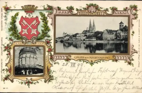 Präge Wappen Passepartout Ak Regensburg an der Donau Oberpfalz, Gesamtansicht, Walhalla