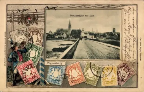 Präge Briefmarken Passepartout Ak Regensburg an der Donau Oberpfalz, Donaubrücke, Dom