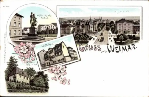 Litho Weimar in Thüringen, Goethehaus, Schillerhaus, Panorama, Schiller und Goethe Denkmal