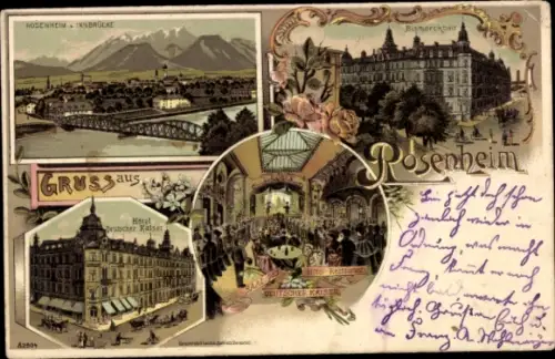 Litho Rosenheim Oberbayern, Panorama, Innbrücke, Bismarckbad, Hotel Deutscher Kaiser