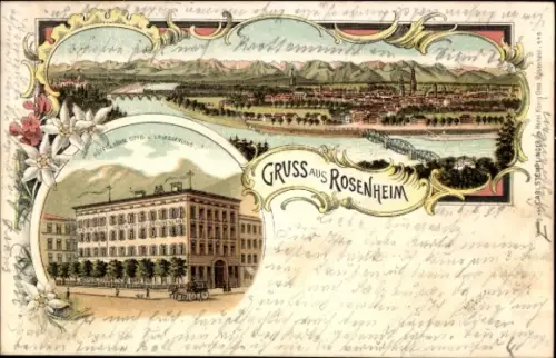 Litho Rosenheim Oberbayern, Gesamtansicht, Hotel König Otto von Griechenland