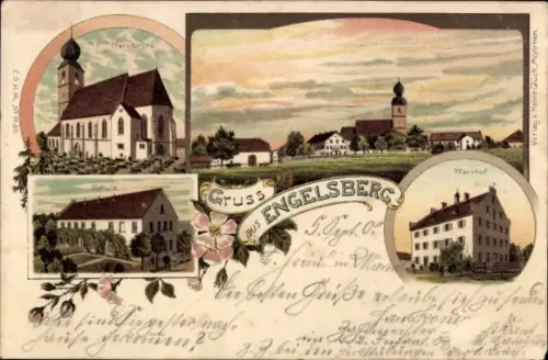 Litho Engelsberg in Oberbayern, Pfarrkirche, Schule, Pfarrhof