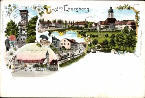 Litho Ebersberg in Oberbayern, Aussichtsturm Ludwigshöhe, Marktplatz, Hauptstraße
