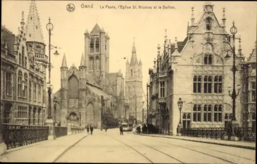 Ak Gand Gent Ostflandern,  La Poste, l'Eglise St. Nicolas, Beffrol