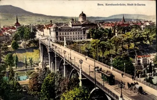 Ak Bern Stadt Schweiz,  Kornhausbrücke, Stadt & Gurten, Brücke, Stadtansicht