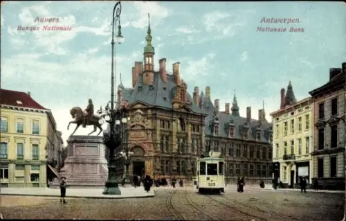Ak Antwerpen Flandern, Reiterstandbild, Nationalbank, Straßenbahn, Antwerpen