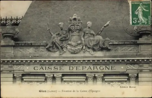 Ak Gien Loiret, Caisse d'Epargne,  Frankreich, Statue, Wappen, Edition Morier