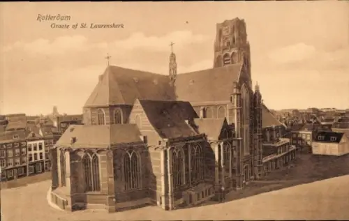 Ak Rotterdam Südholland Niederlande, Groote of St. Laurenskerk, Stadtansicht, sepia Ton