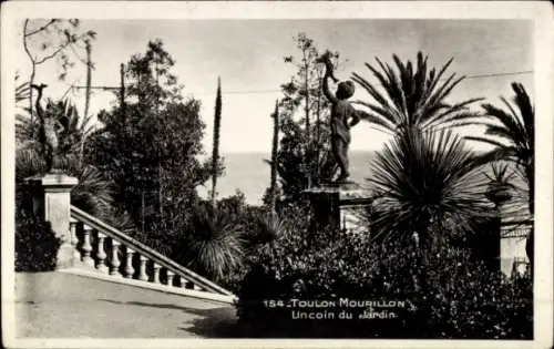 Ak Le Mourillon Toulon Var, Gartenansicht, Statuen, Palmen, Meer im Hintergrund
