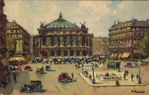 Ak Paris IX Opéra, Platz mit vielen Menschen, Autos, Opernhaus, Gebäude, bunte Farben