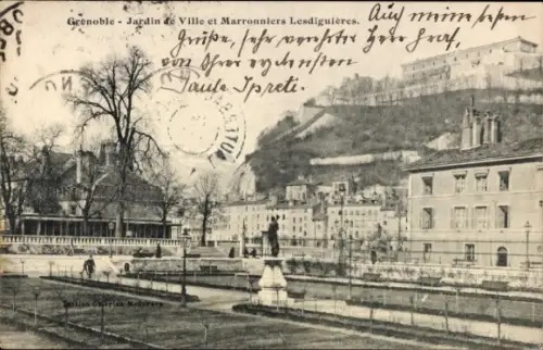 Ak Grenoble Isère,  Jardin de Ville, Marronniers Lesdiguières, Statue, Bäume