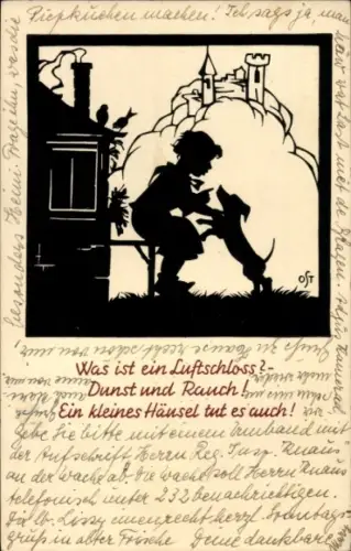 Scherenschnitt Künstler Ak Kind spielt mit Hund, Was ist ein Luftschloss?