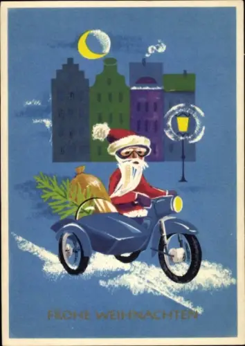 Ak Frohe Weihnachten, Weihnachtsmann auf einem Motorrad mit Beiwagen, Tannenbaum