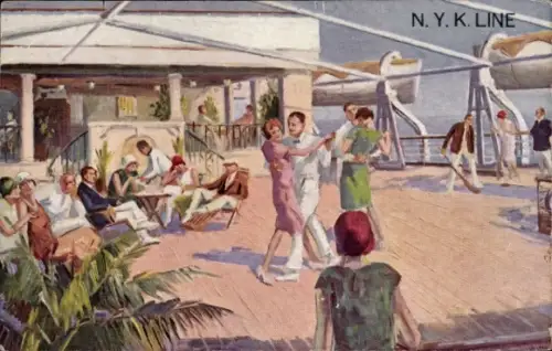 Ak Tanzende Menschen an Bord eines NYK Line Dampfschiffes