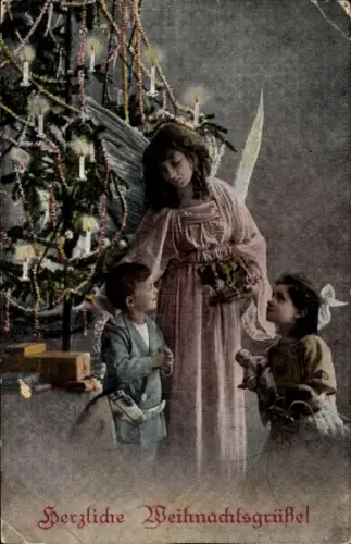 Ak Glückwunsch Weihnachten, Engel, Tannenbaum
