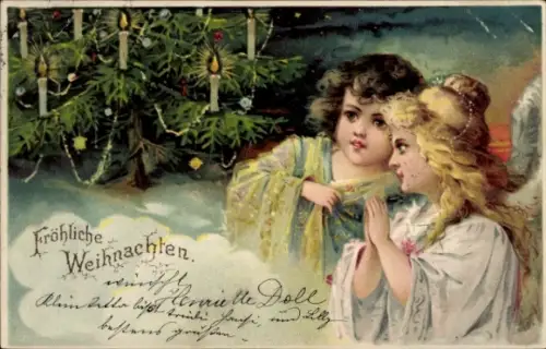 Litho Glückwunsch Weihnachten, Engel, Tannenbaum