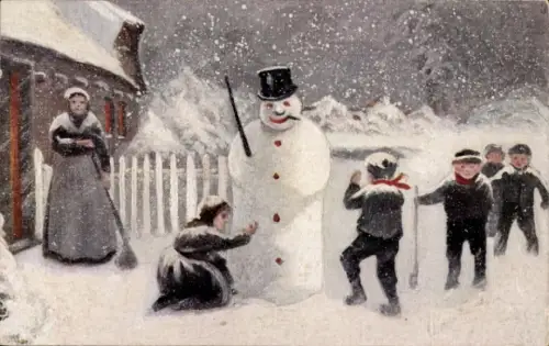 Ak Glückwunsch Weihnachten, Schneemann, Kinder
