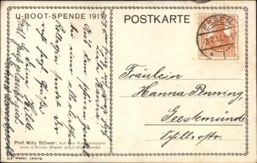 Künstler Ak Stöwer, Willy, Deutsches U Boot, Unterseeboot, Kaiserliche Marine, U-Boot-Spende 1917