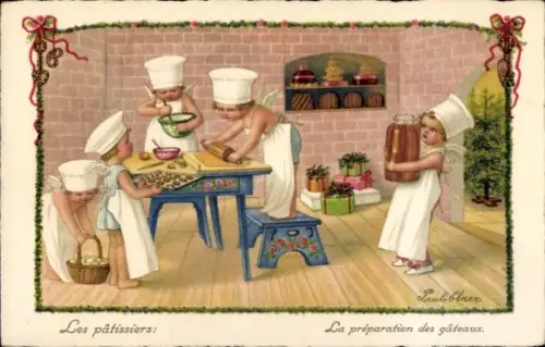 Künstler Litho Ebner, Pauli, Frohe Weihnachten, Engel beim Backen