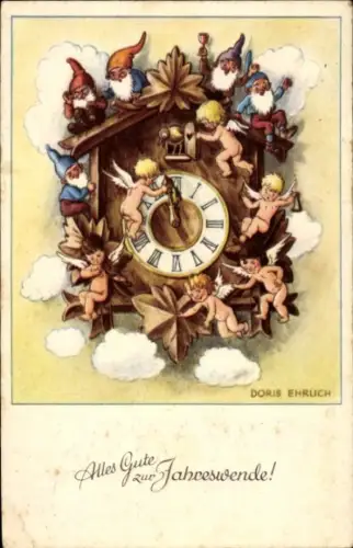 Künstler Ak Ehrlich, Doris, Glückwunsch Neujahr, Zwerge, Engel, Uhr