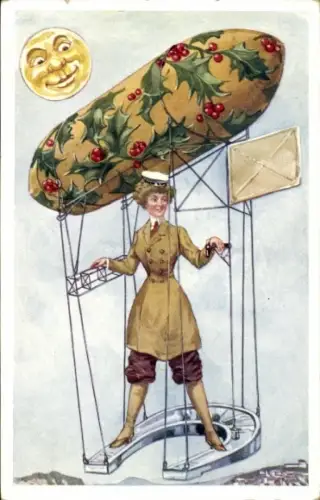 Ak Zeppelin, Luftschiff, Stechpalme, Hufeisen, Frau