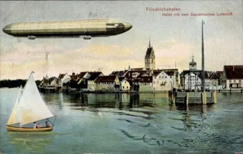 Ak Friedrichshafen am Bodensee, Hafen, Zeppelin, Luftschiff, Segelboot