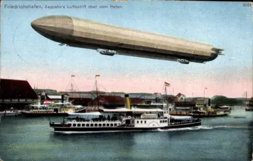 Ak Friedrichshafen am Bodensee, Hafen, Zeppelin, Luftschiff, Dampfer