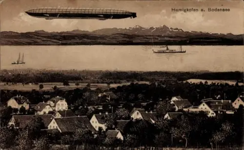 Ak Hemigkofen Kressbronn am Bodensee, Gesamtansicht, Zeppelin