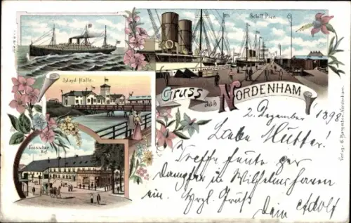 Litho Nordenham in Oldenburg Niedersachsen, Lloyd-Halle, Schiff-Pier, Friesischer Hof
