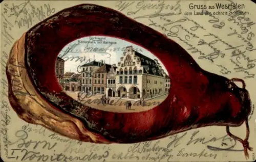 Passepartout Litho Dortmund im Ruhrgebiet, Marktplatz, Rathaus, Schinken