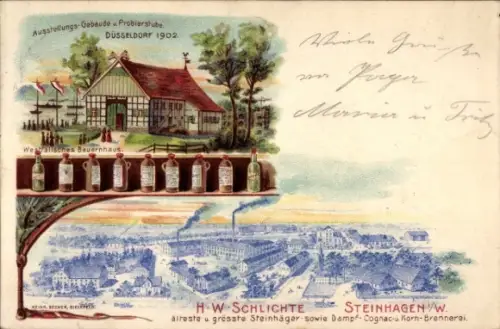 Litho Steinhagen in Westfalen, Ausstellungsgebäude Probierstube Düsseldorf 1902, H.W. Schlichte