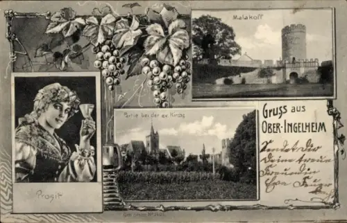 Passepartout Ak Ober Ingelheim am Rhein, Malakoff, ev. Kirche, Frau mit Weinglas