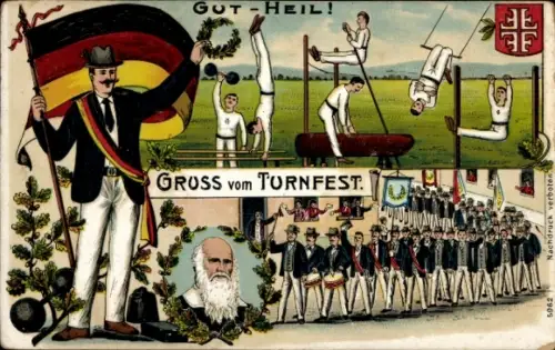 Litho Gruß vom Turnfest, Gut Heil, Turner, Festzug, Turnvater Jahn