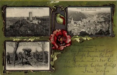 Passepartout Ak Stromberg im Hunsrück, Stromberg im Thale, Panorama, Burg, Geschütz