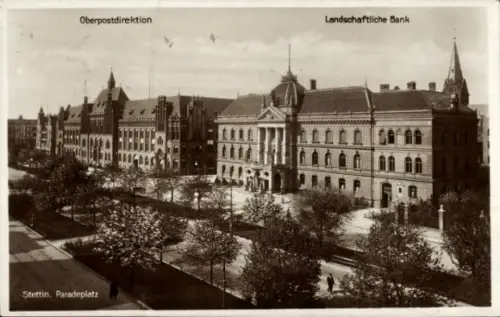 Ak Szczecin Stettin Pommern, Paradeplatz, Oberpostdirektion, Landwirtschaftliche Bank
