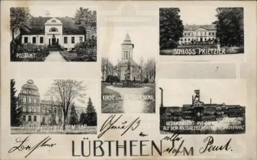 Ak Lübtheen in Mecklenburg, Post, Schloss Prietzier, Friedrich Franz-Schacht, Kirche