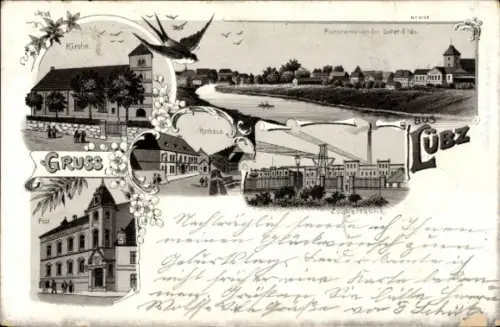 Litho Lübz in Mecklenburg, Zuckerfabrik, Rathaus, Kirche, Post
