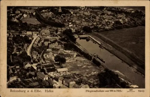 Ak Boizenburg an der Elbe, Panorama vom Ort, Hafen, Fliegeraufnahme