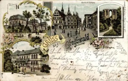 Litho Greifswald in Mecklenburg Vorpommern, Marktplatz, Rathaus, Klosterruine Eldena, Logierhaus