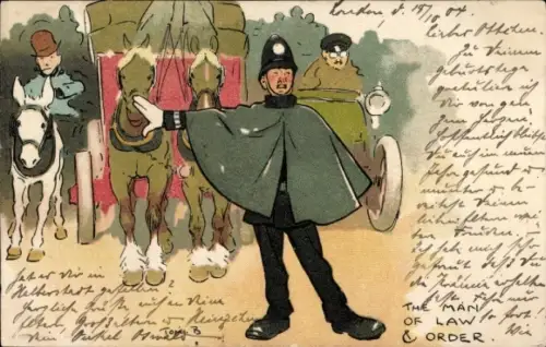 Künstler Ak Verkehrspolizist, Auto, Kutsche