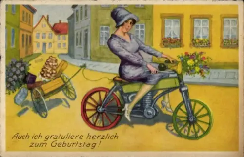 Ak Glückwunsch Geburtstag, Frau auf einem Motorrad